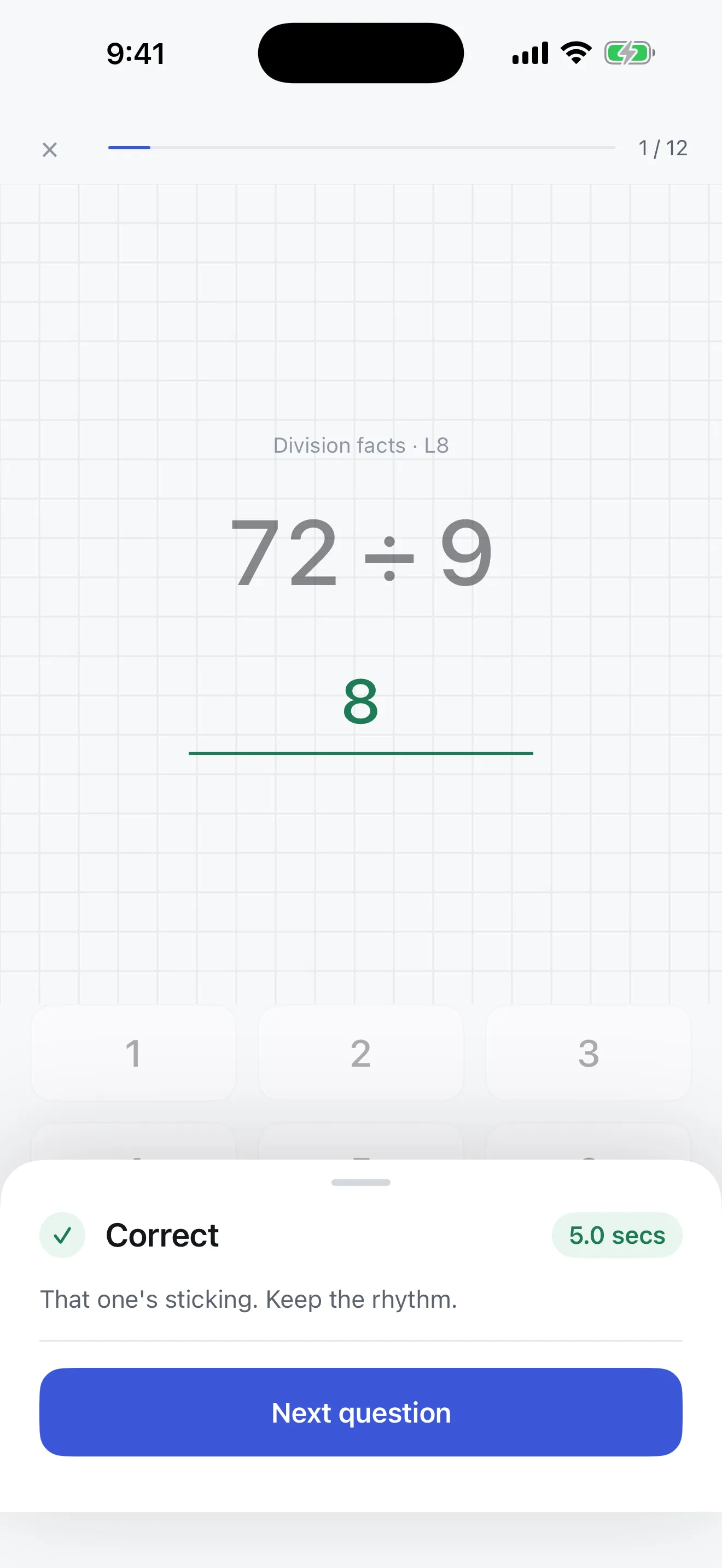 Reckon on iPhone: a question answered correctly, with the named strategy that solves it shown underneath.