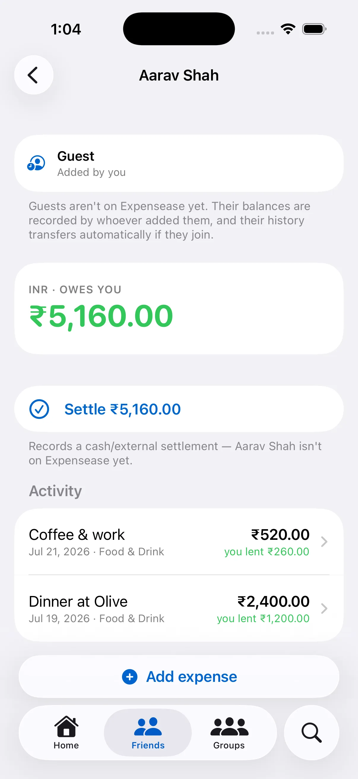 Expensease on iPhone: one friend's page, listing every shared expense between the two people and the running balance.