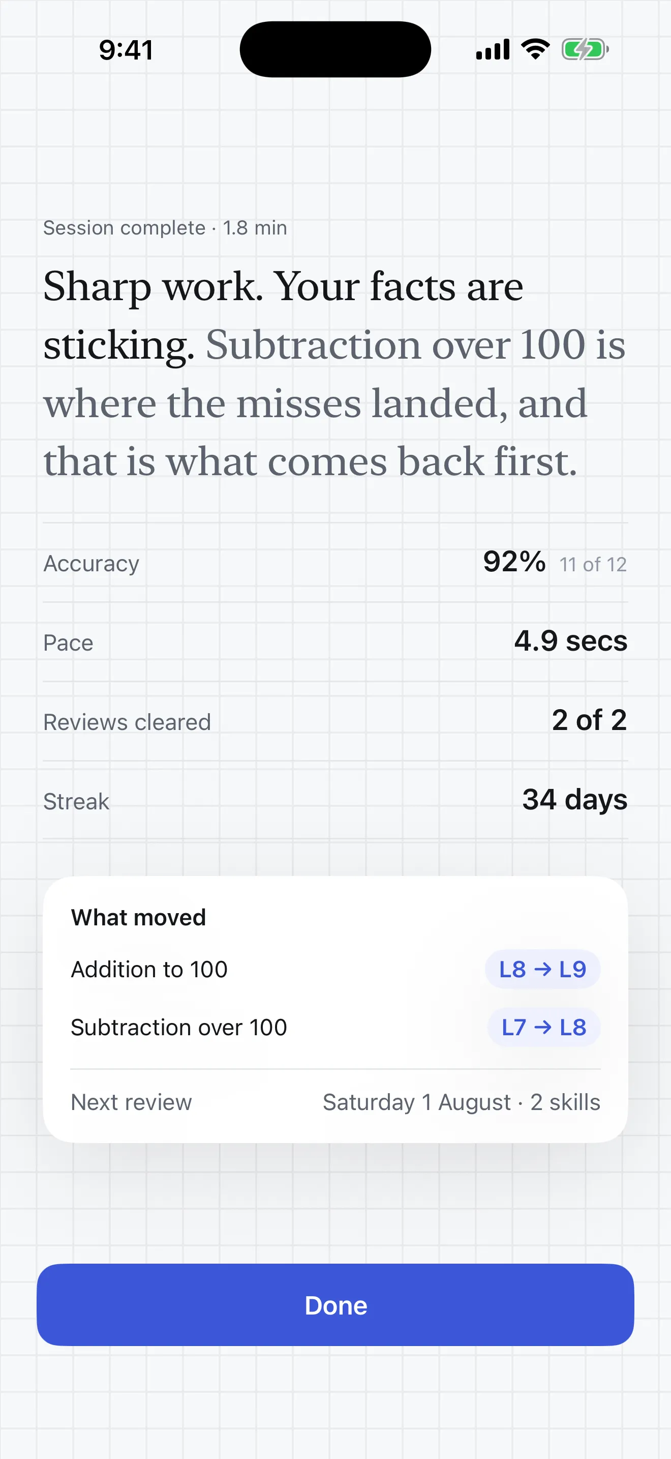 Reckon on iPhone: a session summary listing each question, the answer given and the time taken.