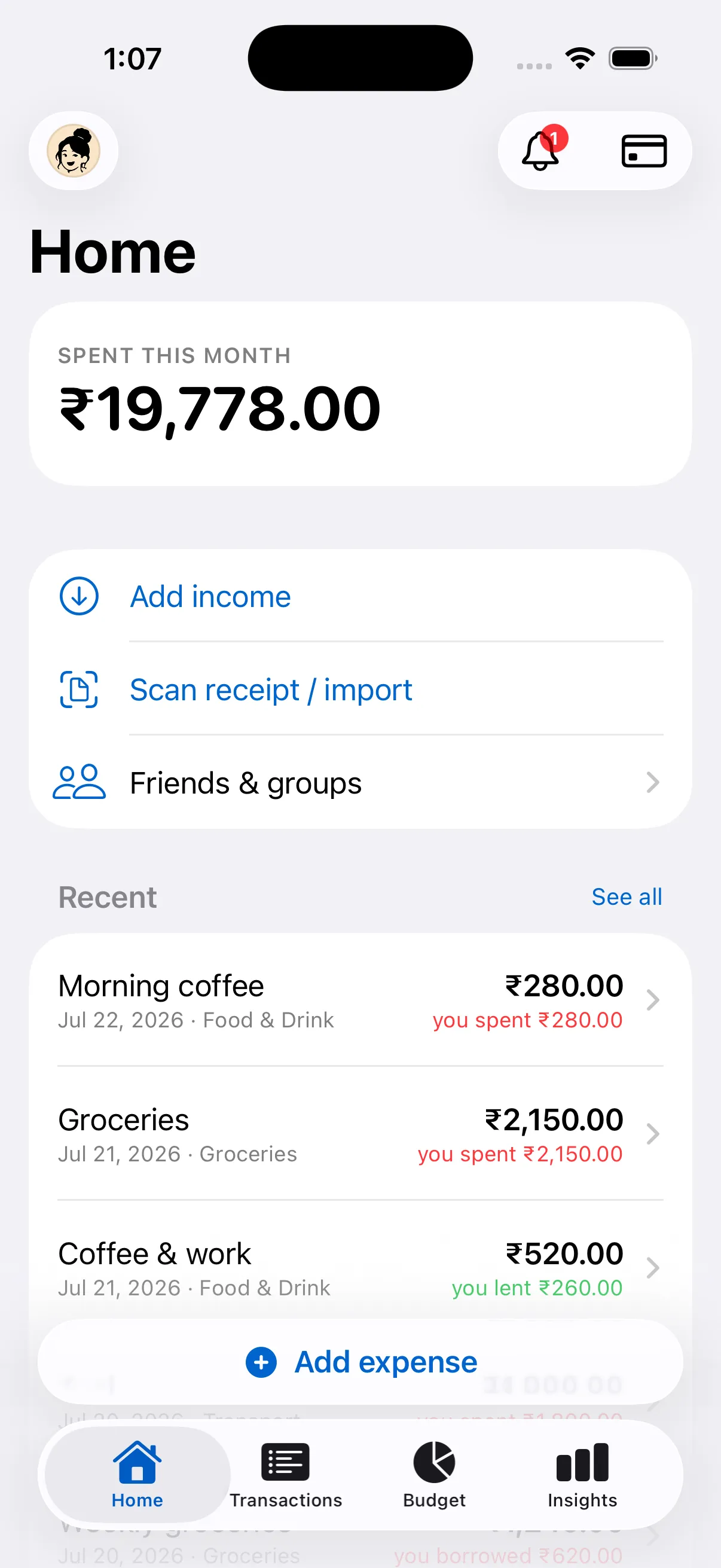 Expensease on iPhone: personal expense tracking, with a monthly total and a list of categorised transactions.