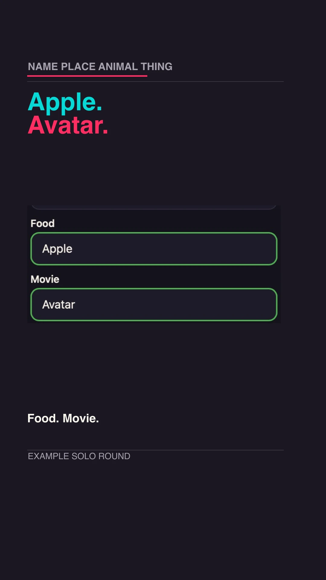 Name Place Animal Thing · Published Reel feature frame.